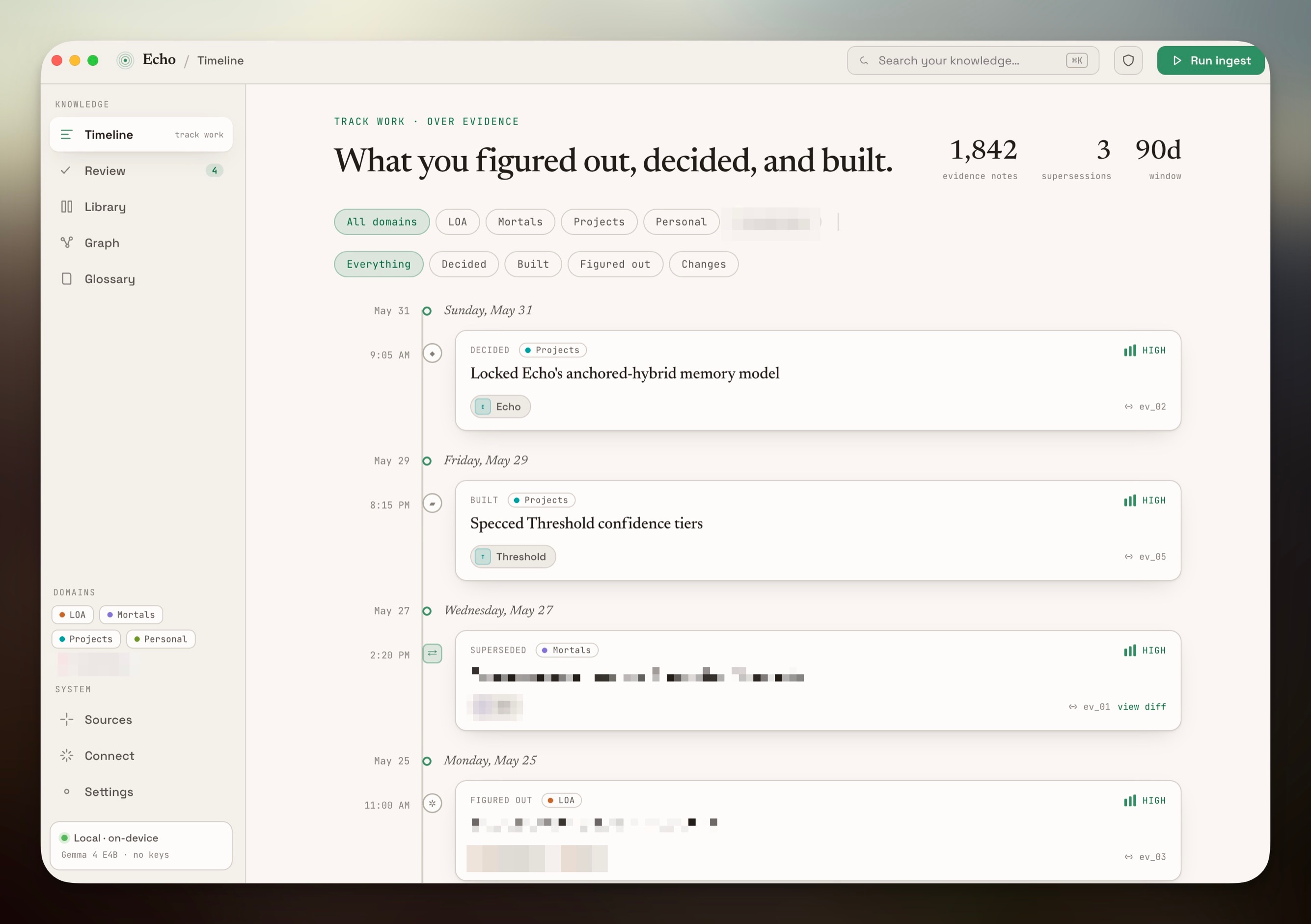 Echo's Timeline screen showing evidence entries grouped by day with domain and confidence tags, metrics, a review window, and domain filters.