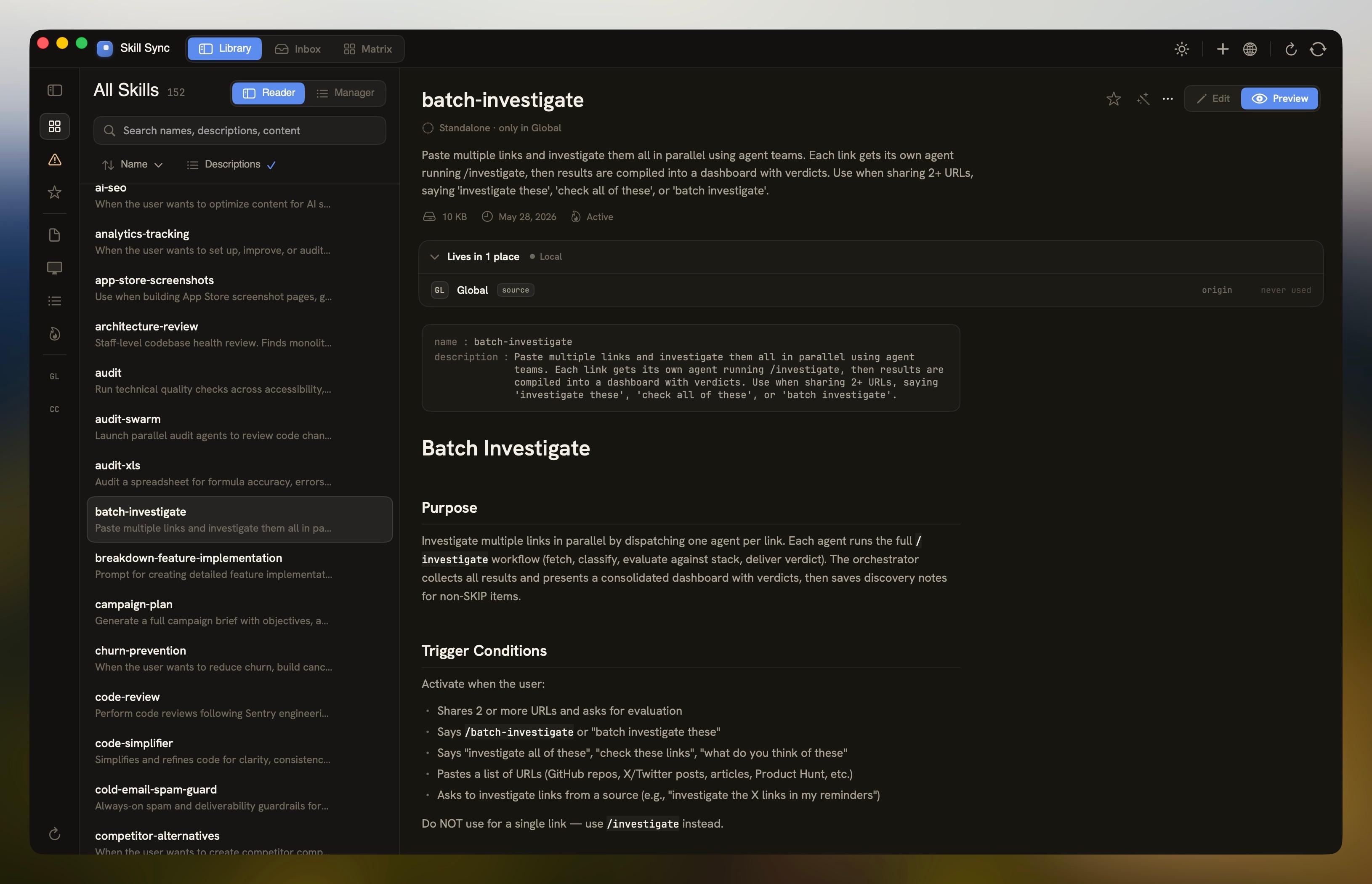 Skill Sync's dark Reader view showing a selected skill with metadata, install location, and rendered Markdown.