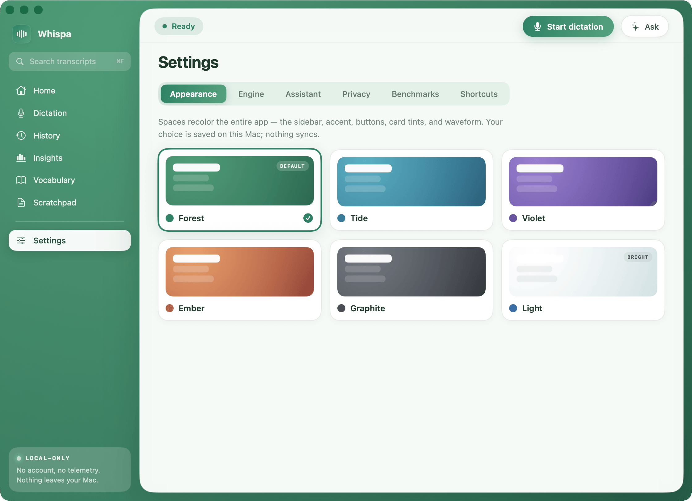 Whispa's current Settings Appearance tab with Forest, Tide, Violet, Ember, Graphite, and Light interface themes.