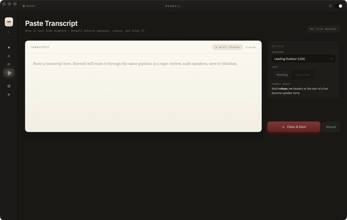 Boswell's current Paste Transcript screen with a transcript canvas, category, tape type, and detail fields.
