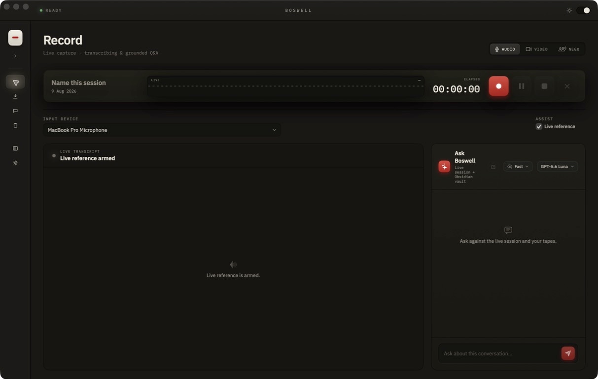 Boswell's current Record screen with a session name, audio controls, timer, live transcript area, input device, and Ask Boswell panel.