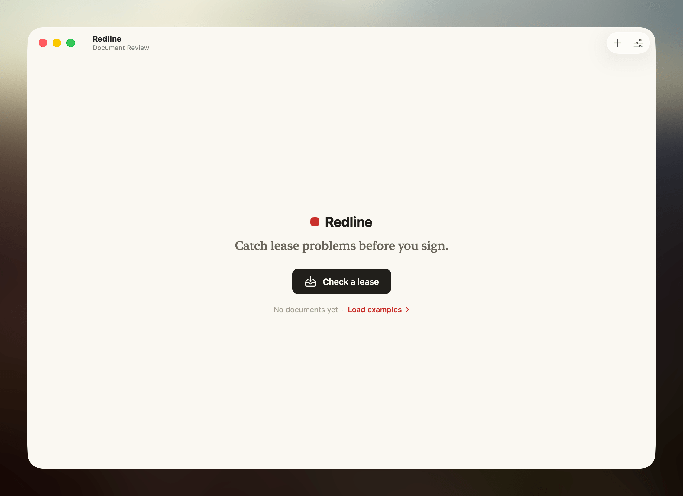 Redline's start screen: the app icon over the line 'Catch lease problems before you sign,' with a 'Check a lease' button.