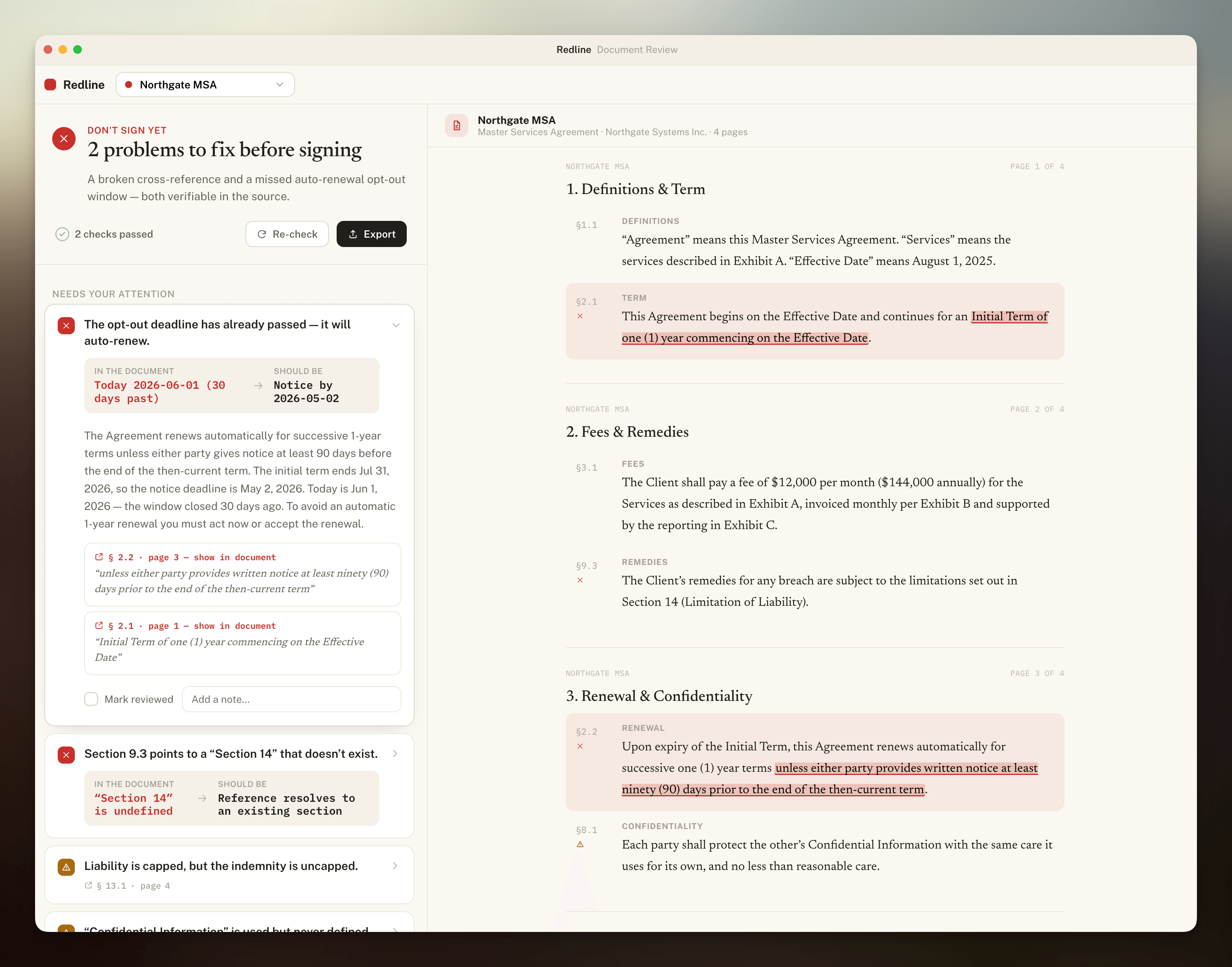 Redline reviewing a Master Services Agreement: a 'don't sign yet' verdict lists two problems (an auto-renewal opt-out window that already passed, and a cross-reference to a section that does not exist), each linked to the exact clause on the page.