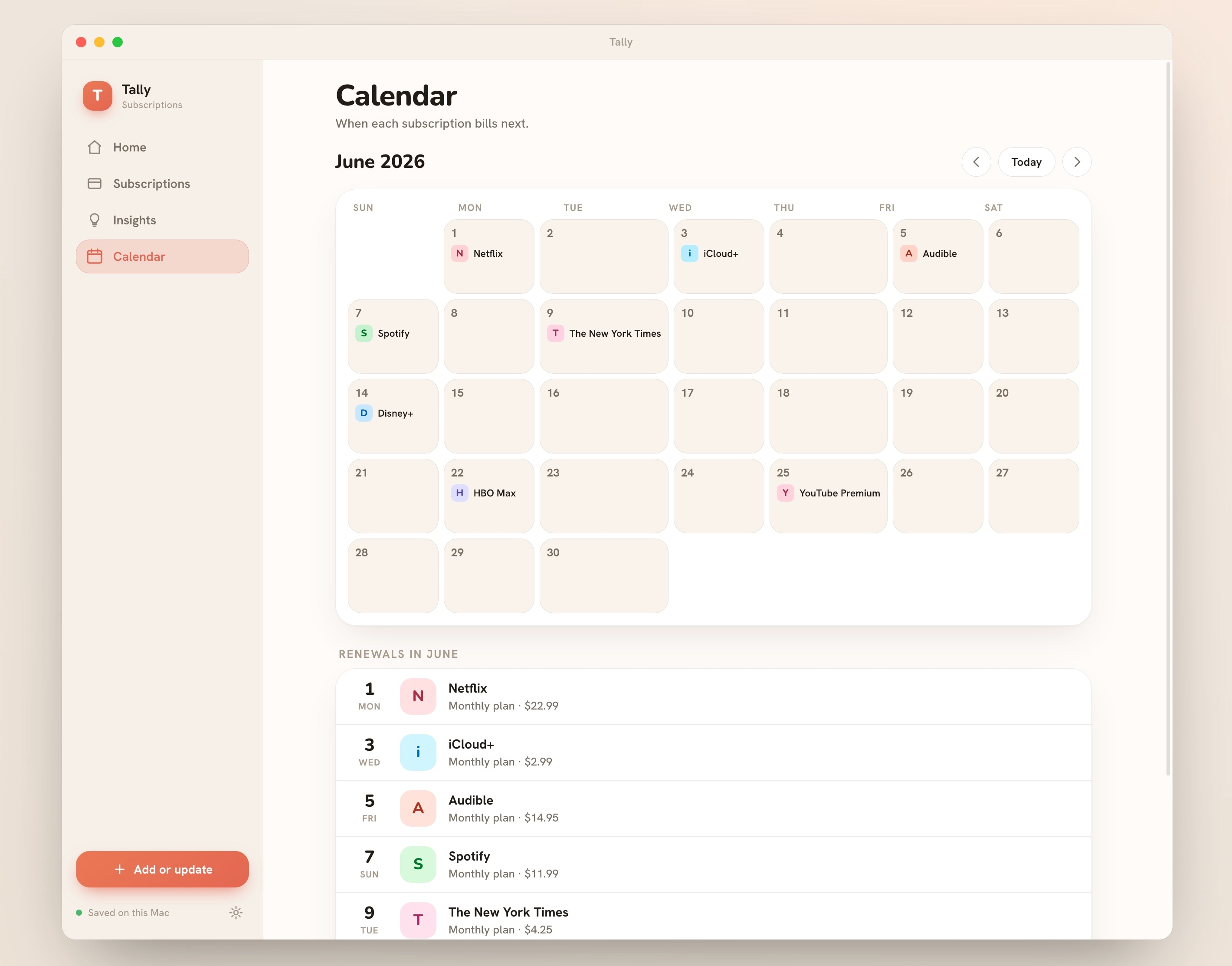 Tally's Calendar screen: a June 2026 month grid with each subscription renewal placed on the day it bills, plus a chronological renewals list below.