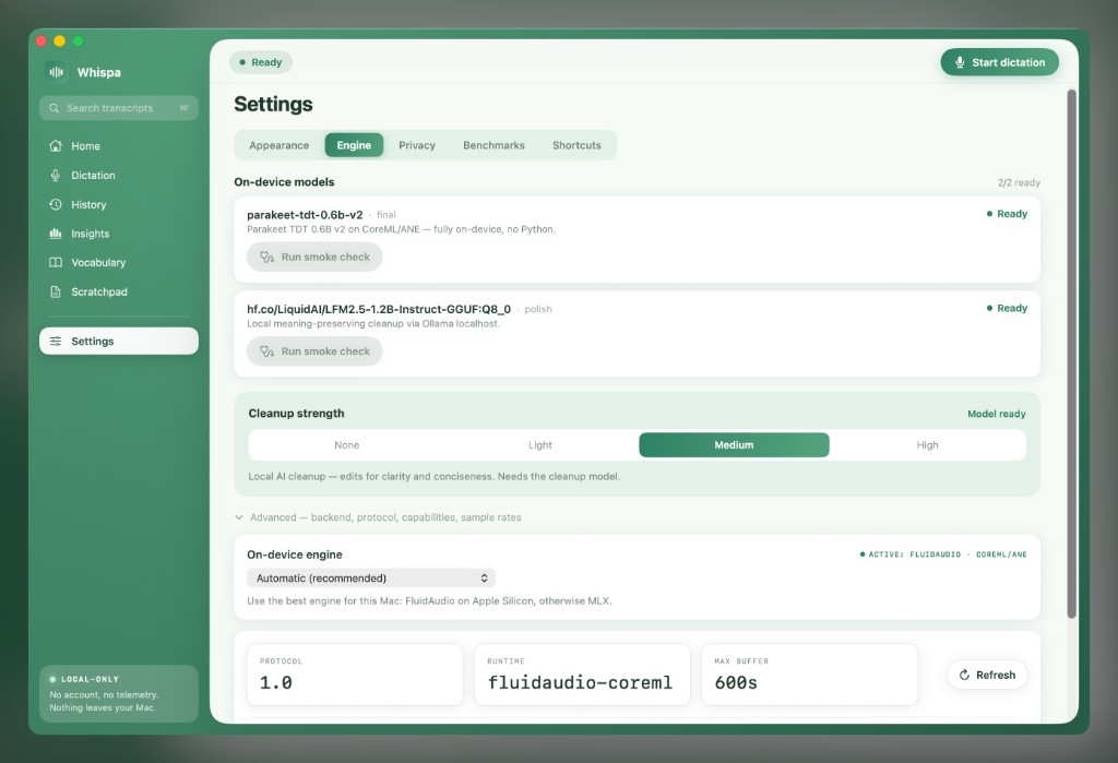 Whispa's Settings Engine tab with on-device ASR and cleanup models, a cleanup strength slider, and FluidAudio/CoreML runtime status.