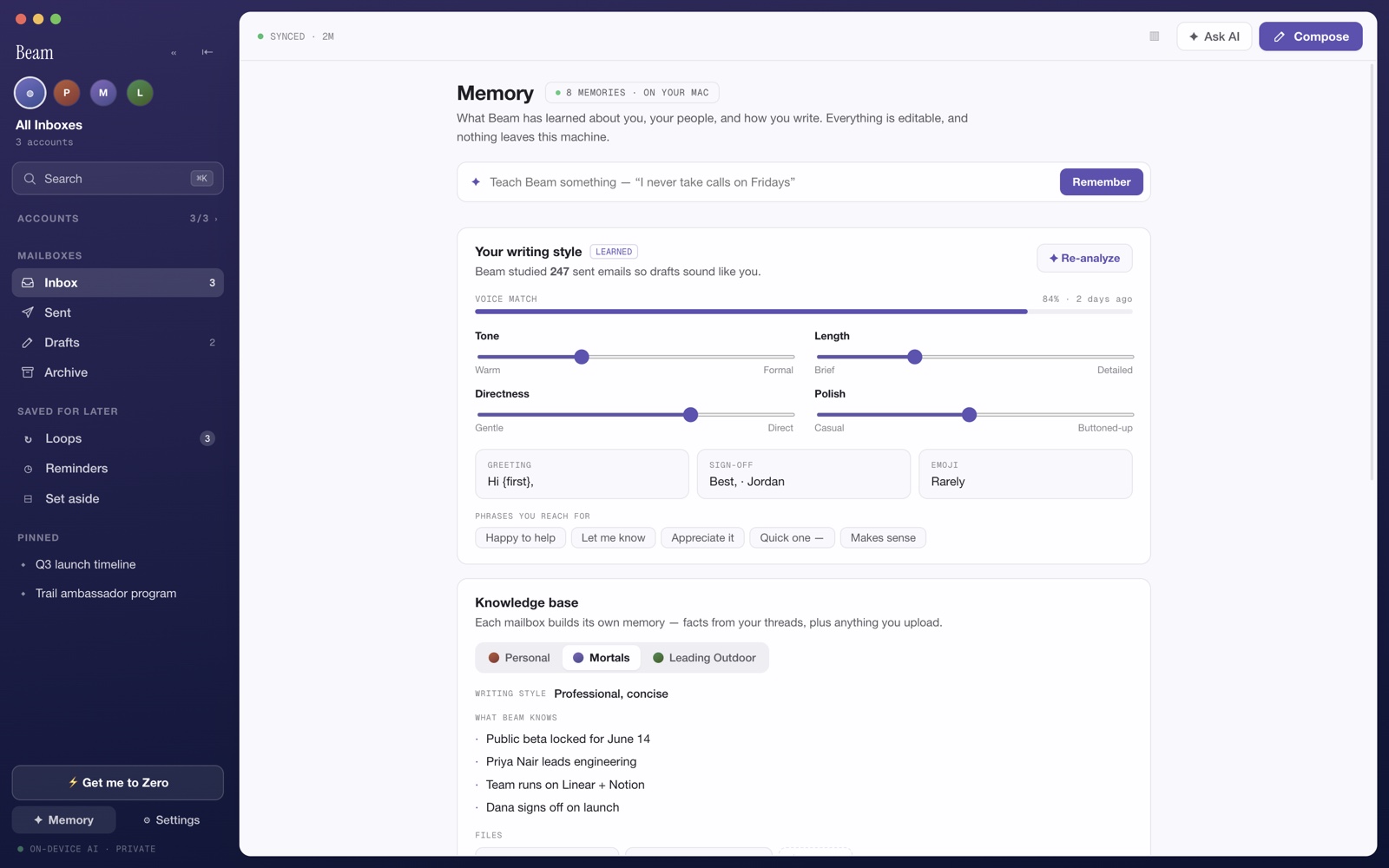 Beam Mail product mockup showing local writing-style controls, mailbox knowledge, people, preferences, and files.