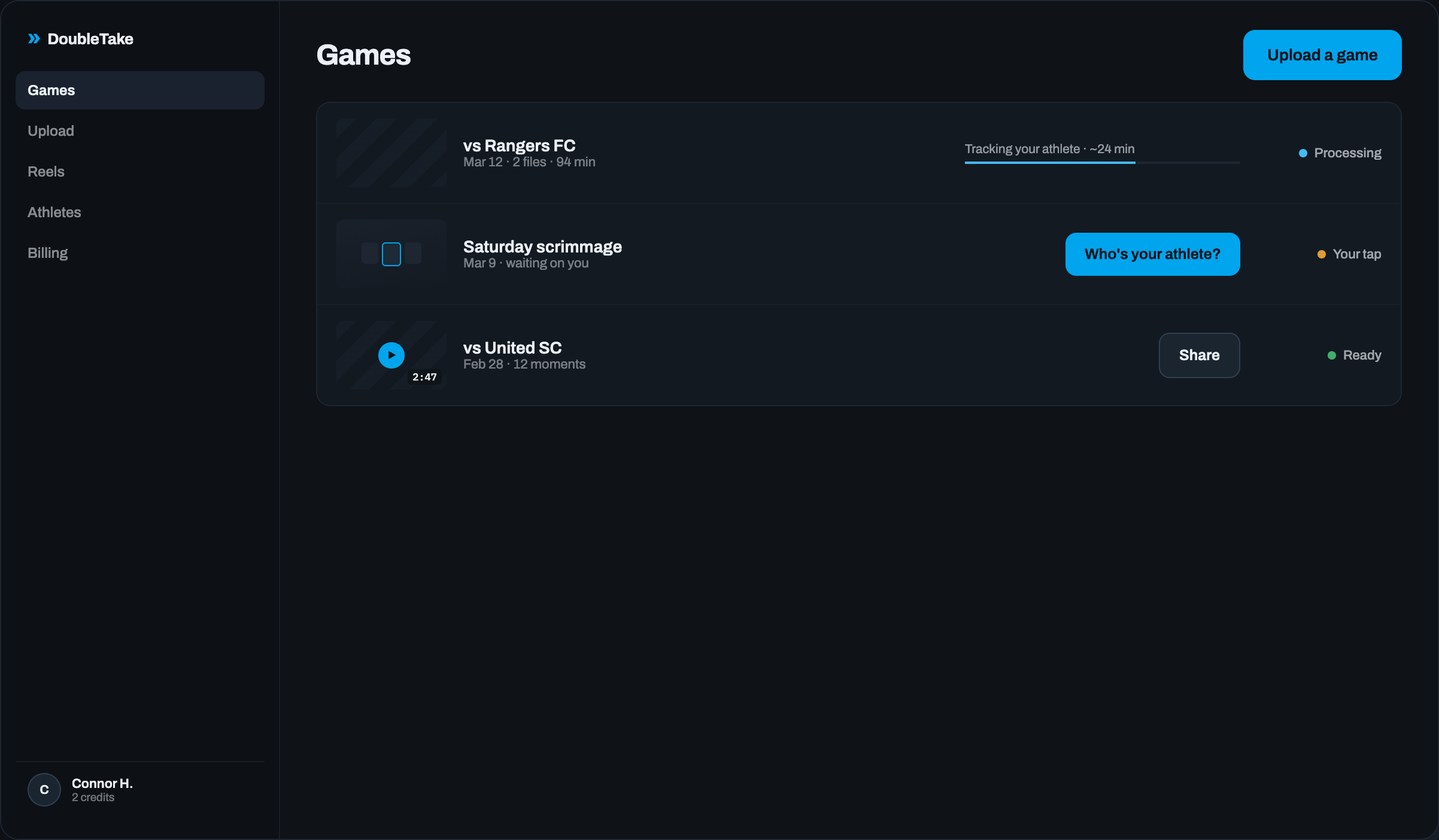 DoubleTake's games dashboard with processing, athlete-confirmation, and ready states in one queue.