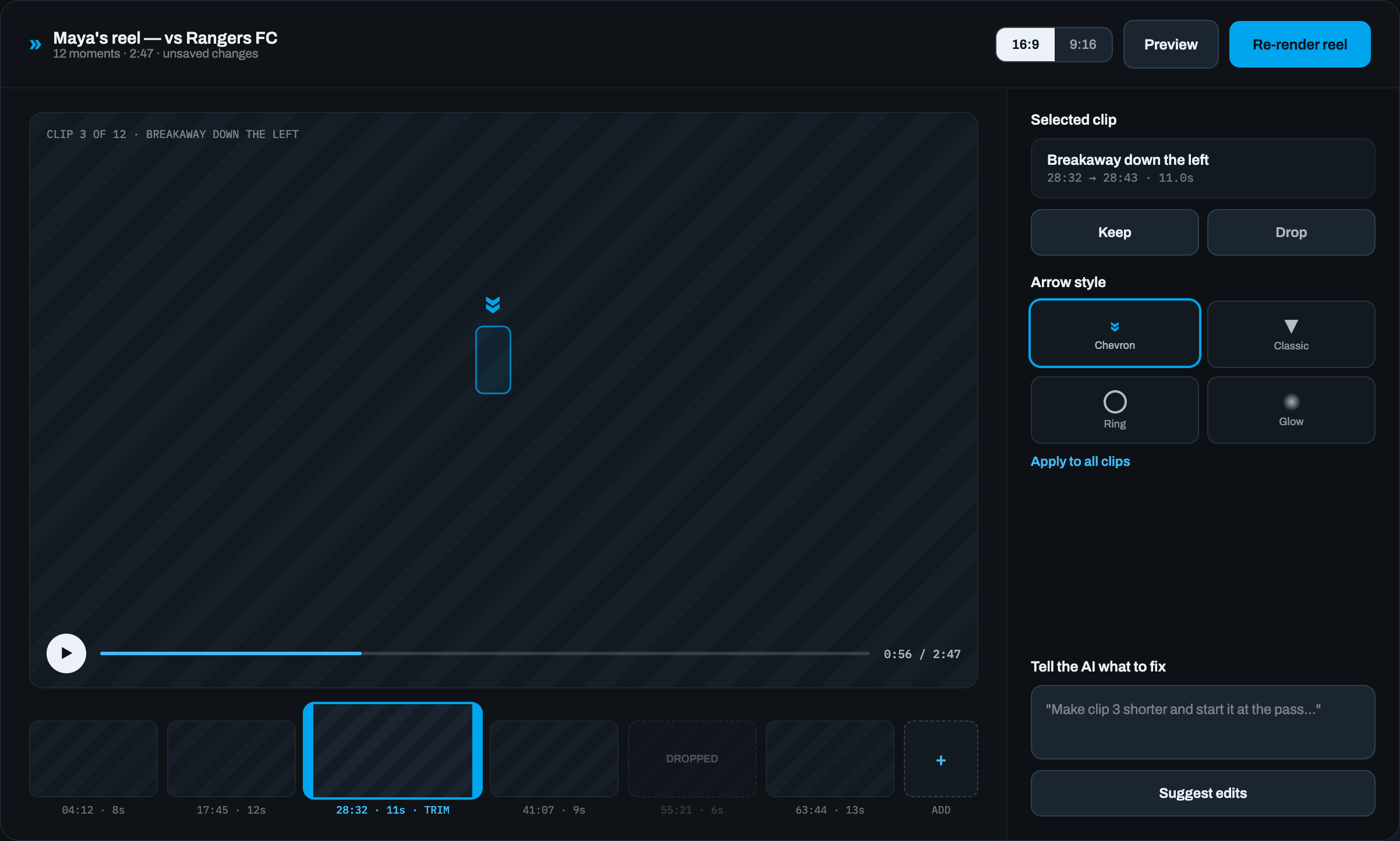 DoubleTake's reel editor with a video preview, clip timeline, athlete-marker styles, and edit-assistant prompt.