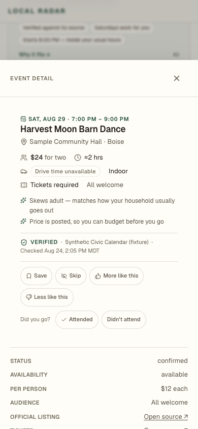 Local Radar event detail sheet showing venue attribution and ticket info.