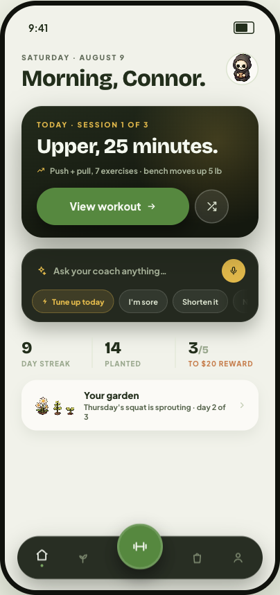 Mortals Fitness home screen showing the daily Upper workout recommendation, quick voice tune-up, streak stats, and the garden.