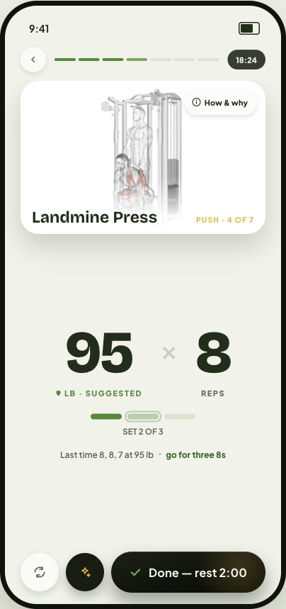 Mortals Fitness active exercise view for Landmine Press with muscle highlighting and set targets.