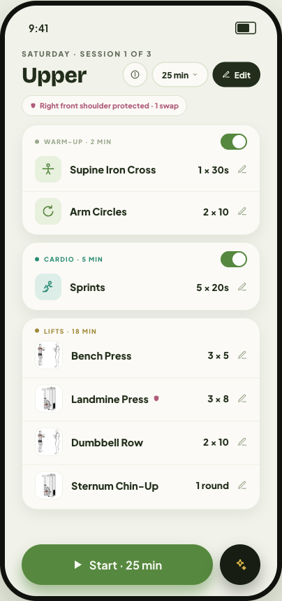 Mortals Fitness workout plan screen showing warm-up, cardio, and lift blocks with exercise adjustments.
