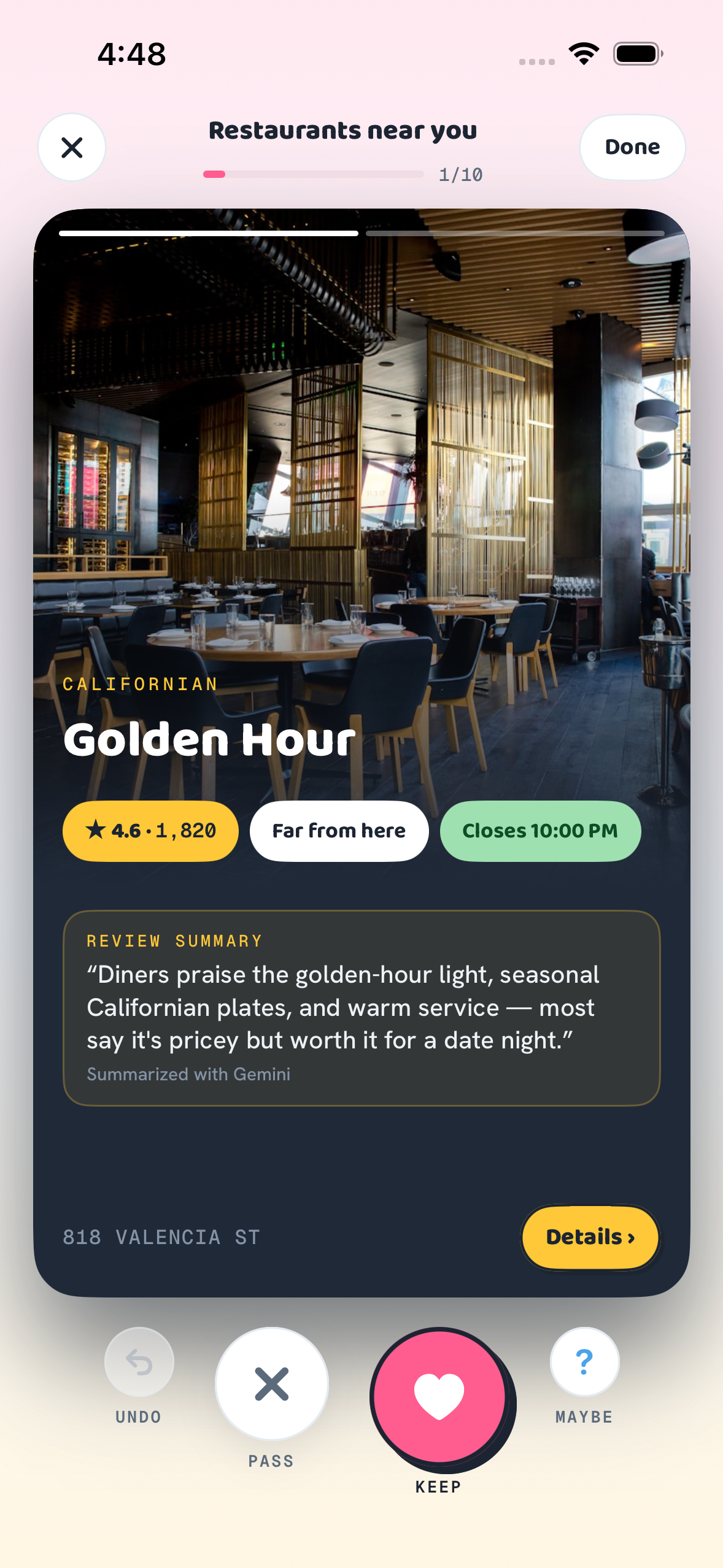 Roost's final deck-card design showing Golden Hour with a large photo, rating, distance, closing time, Gemini review summary, and voting controls.